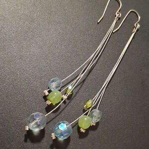 Elegant Silver, Blue & Green Crystal Cut Beaded Dangle Cable Earrings.